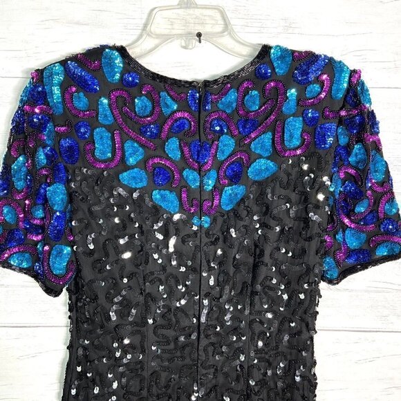 Vintage Stenay 100% Silk Black Sequin Beaded Evening Party Formal Dress - Picture 4 of 6